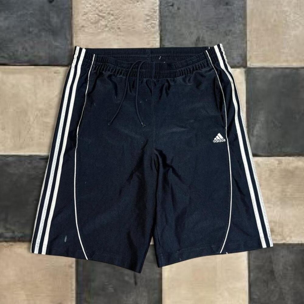 VTG Adidas Shorts Mens Medium Blue Striped Satin Workout Drawstring 9" Inseam